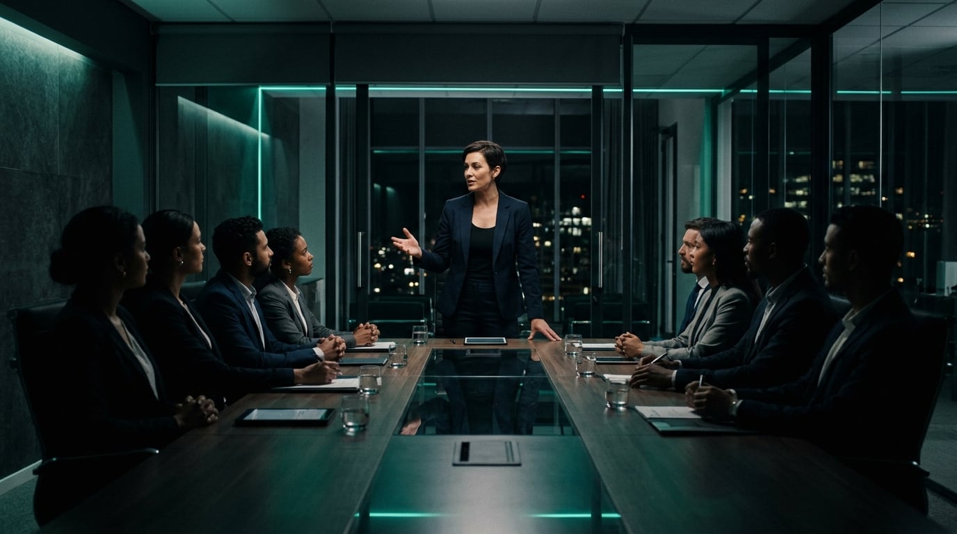 A confident leader commanding a boardroom with calm executive presence